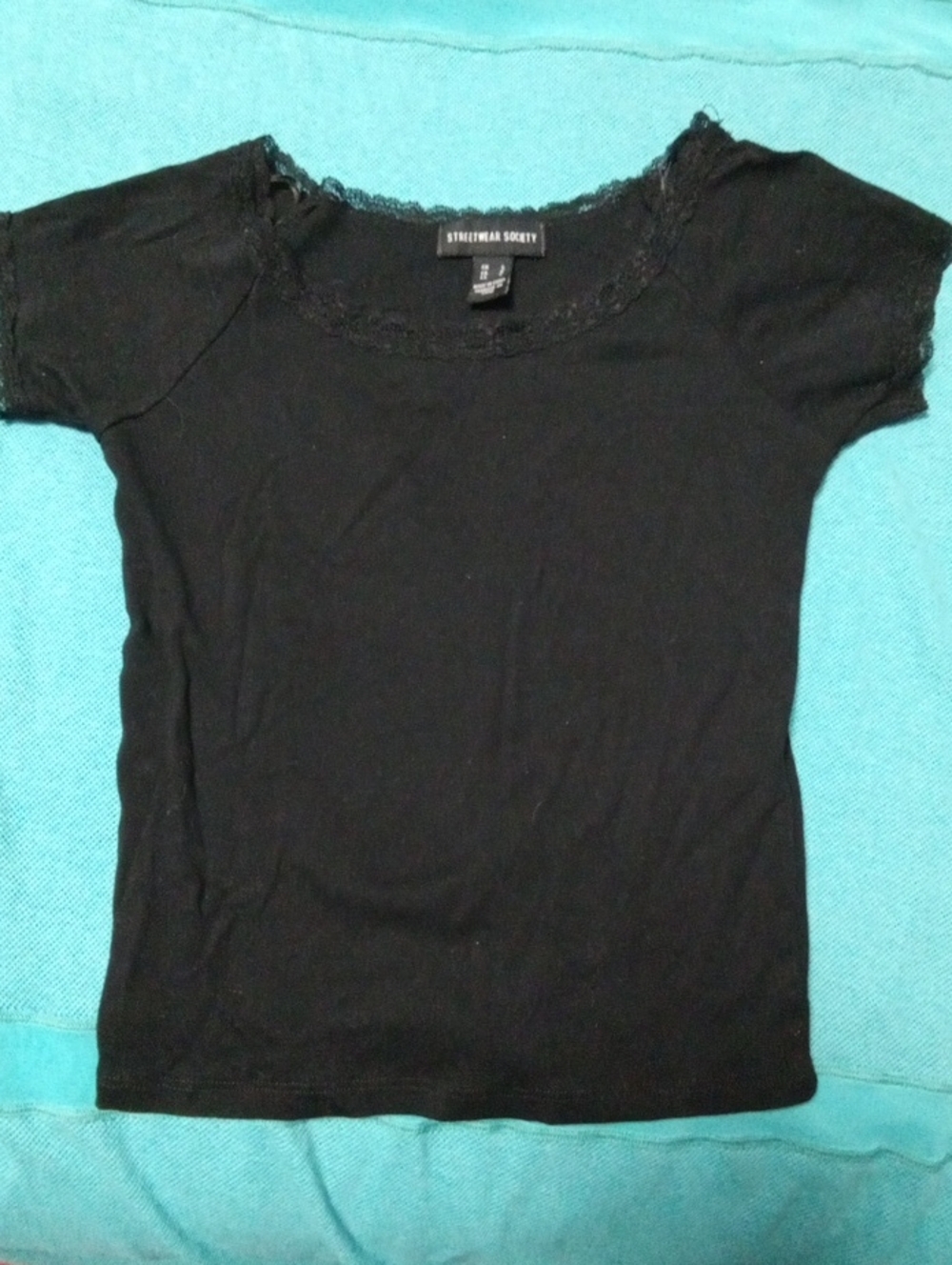 2/$7**Streetwear Society Small Black Tshirt With Lace Neckline And On Arms